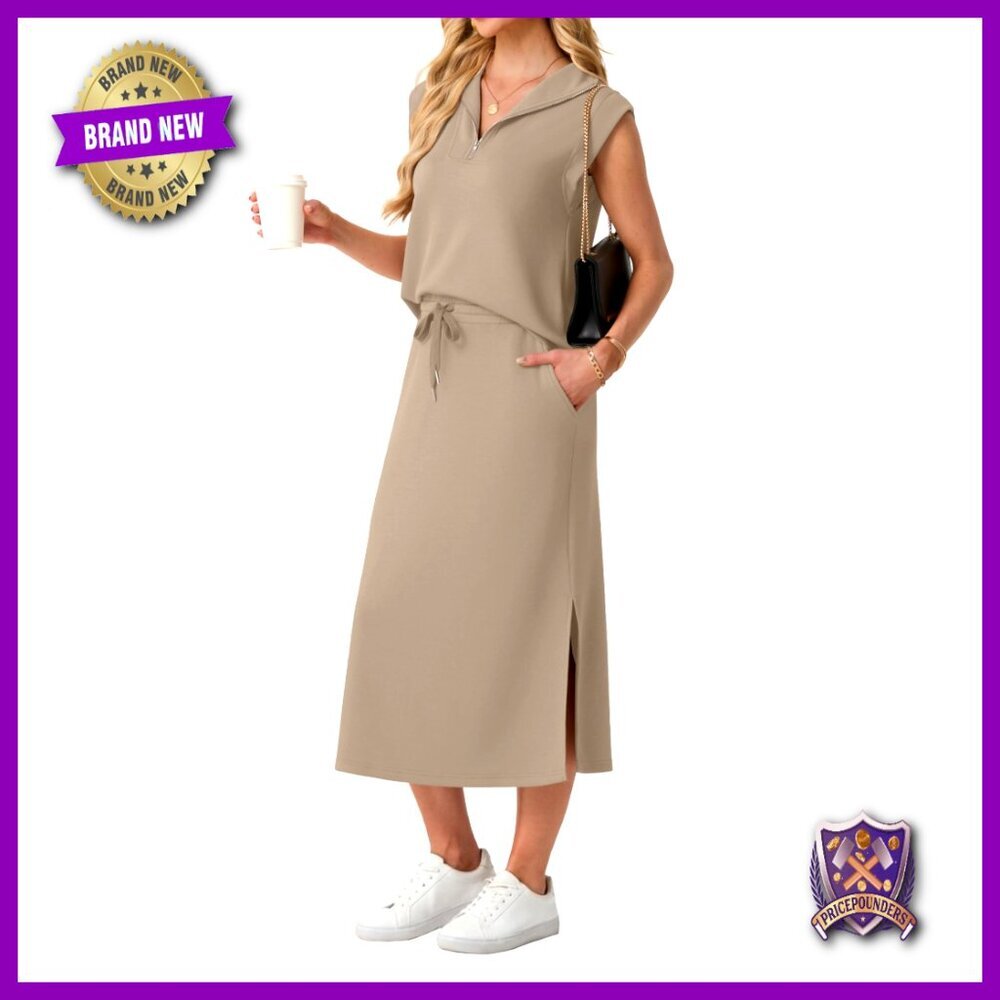 Women's 2-Piece Skirt Set with Half Zip Top and Split Maxi Skirt